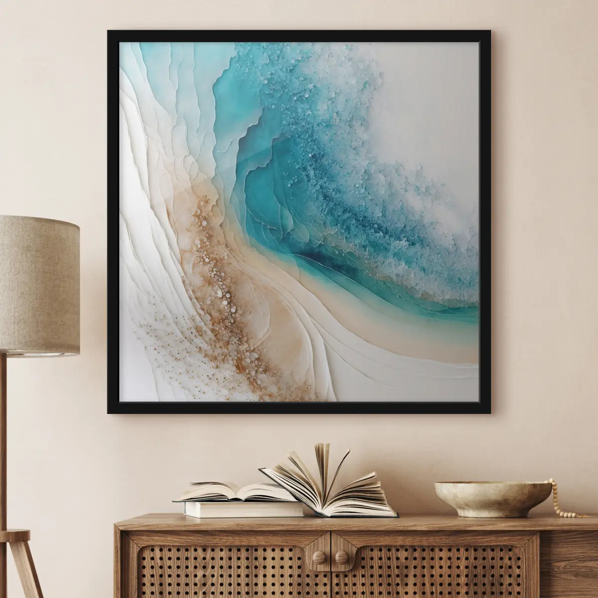 Poster Ruhige Wellen treffen auf sanfte Küstenlinien f36029