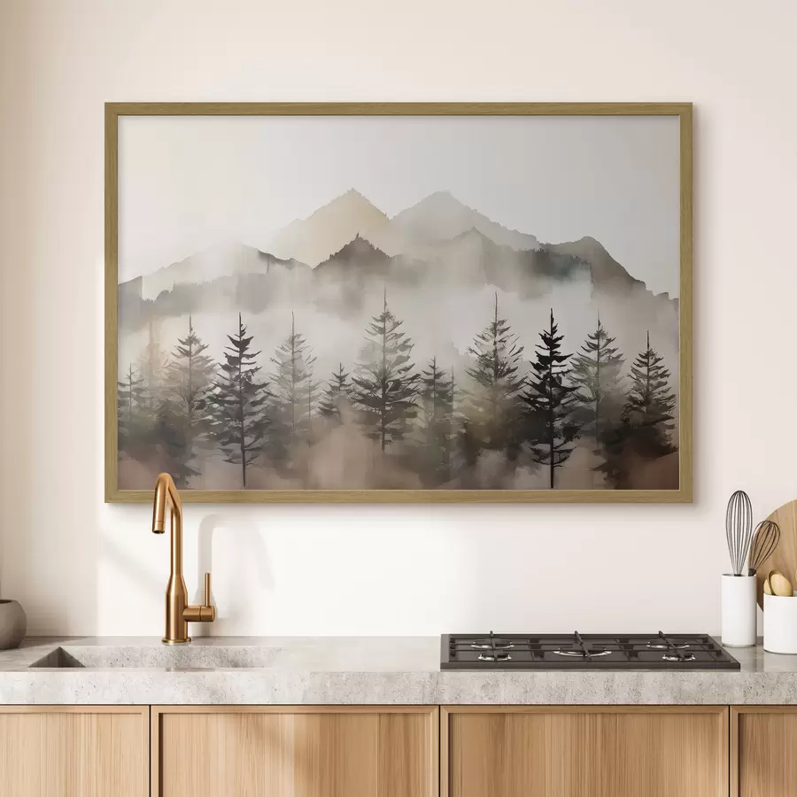 Fototapete Nebelverhangene Berge mit ruhigen Bäumen f36009