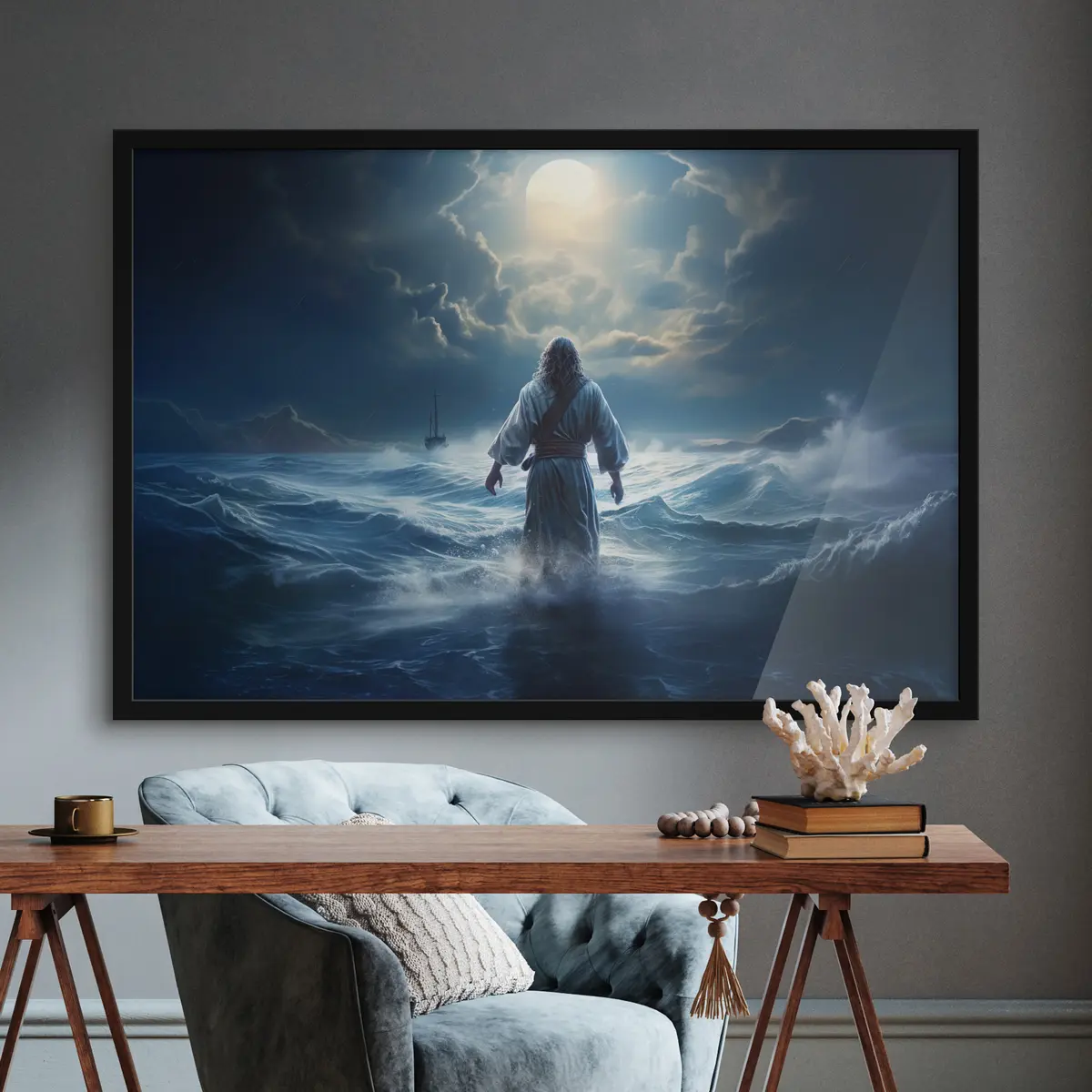 Poster Nachts auf unruhigem Wasser wandern f35357