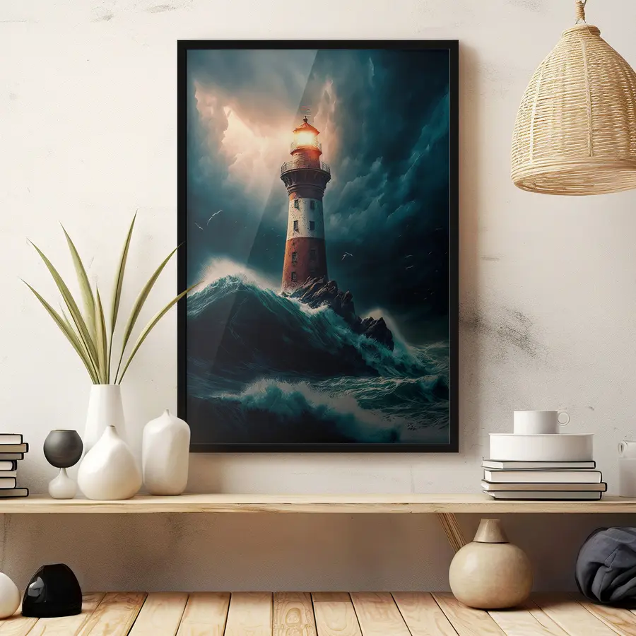 Fototapete Leuchtfeuer, das durch stürmische Gewässer führt f35349