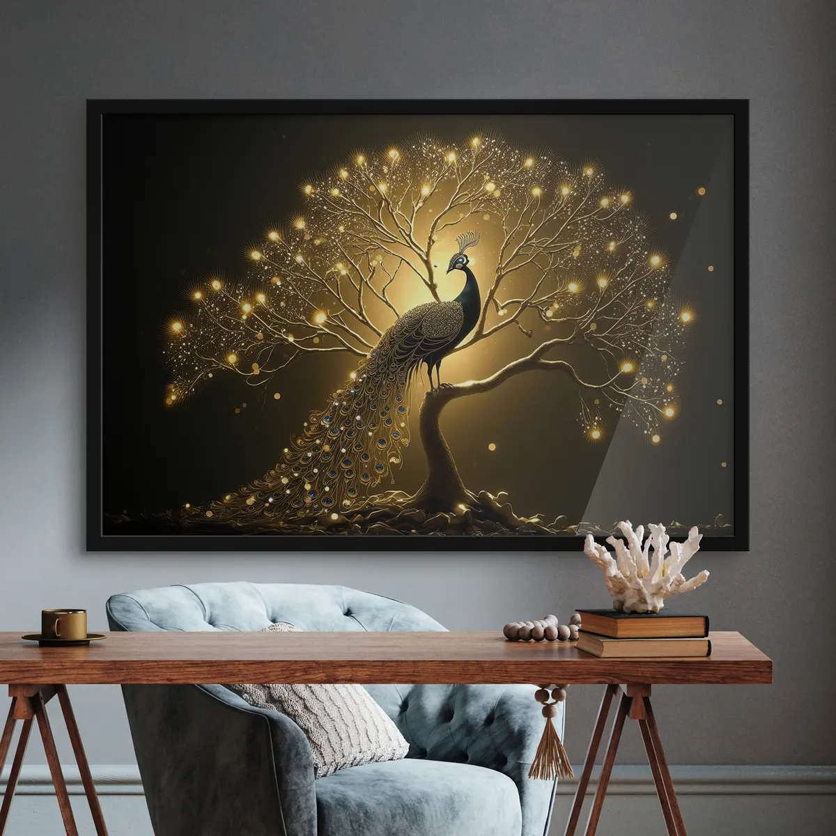 Poster Ein schöner Pfau vor dunklem Hintergrund f34876