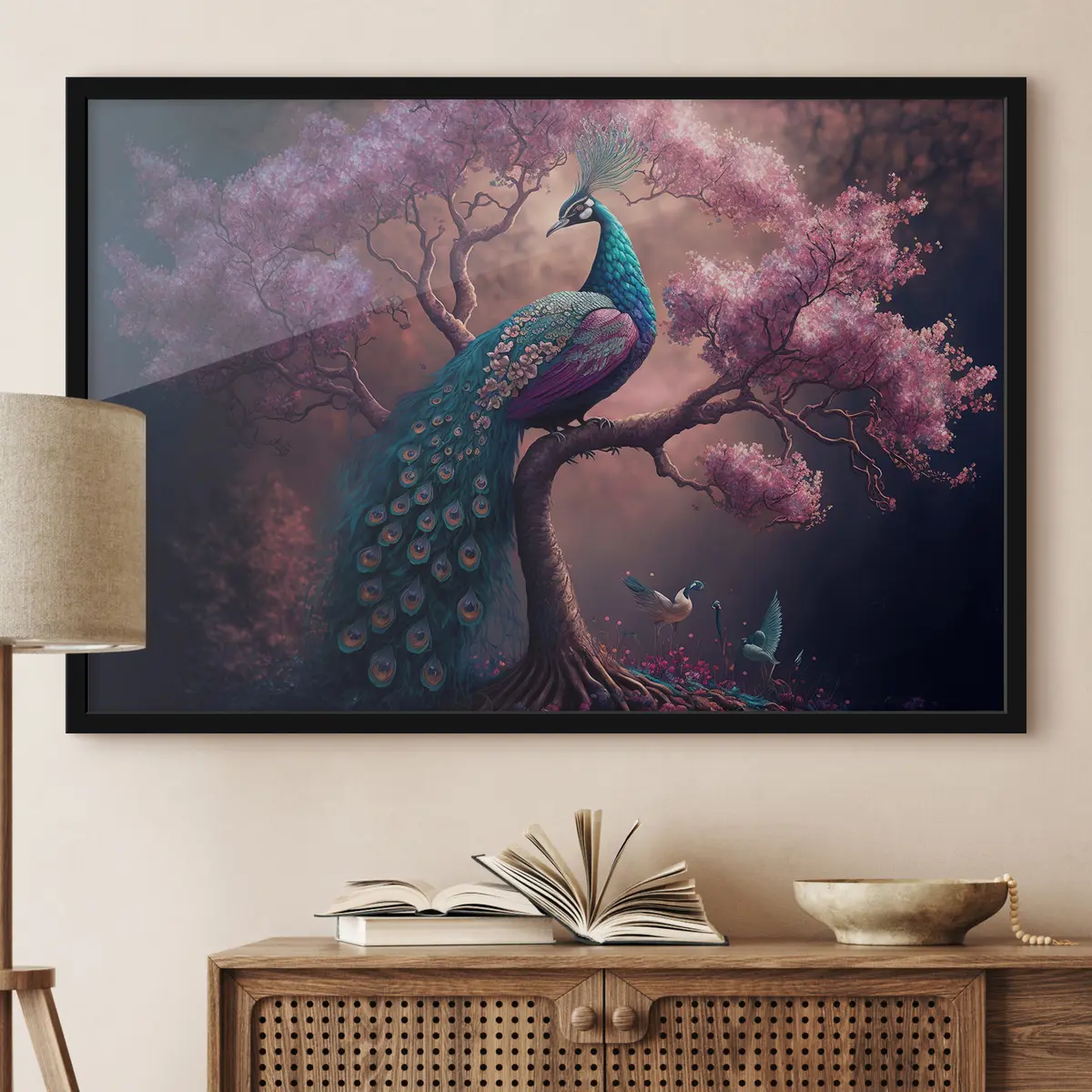 Poster Pfau zwischen blühenden Kirschblüten f34875