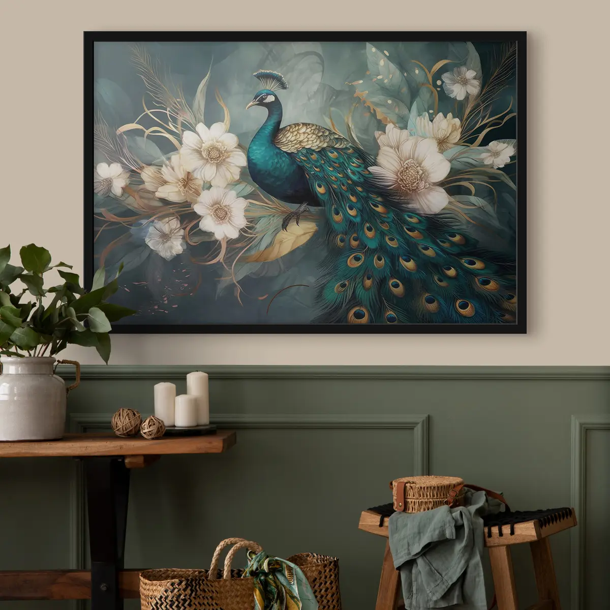 Poster Lebhafter Pfau zwischen zarten Blüten f34866
