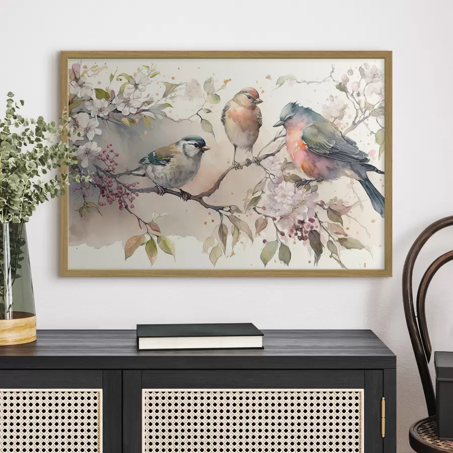 Fototapete Bunte Vögel sitzen zwischen Blüten f34490