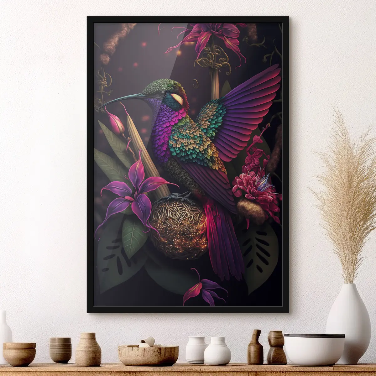 Poster Lebhafter Kolibri inmitten blühender Blumen f33703