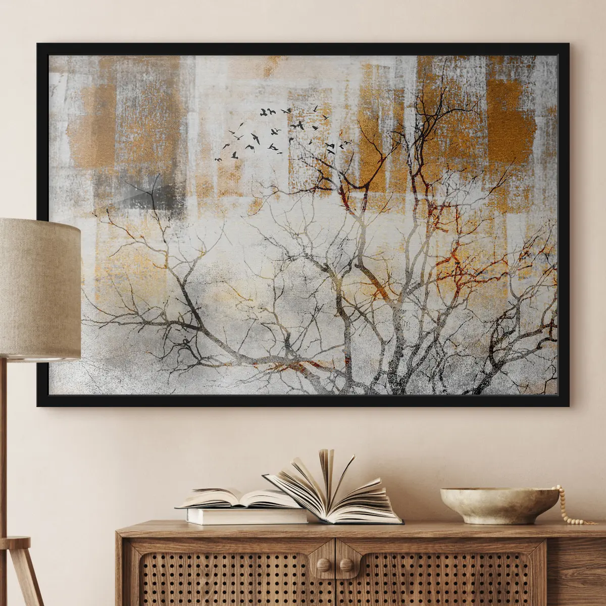 Poster Ruhige Landschaft mit fliegenden Vögeln f33076