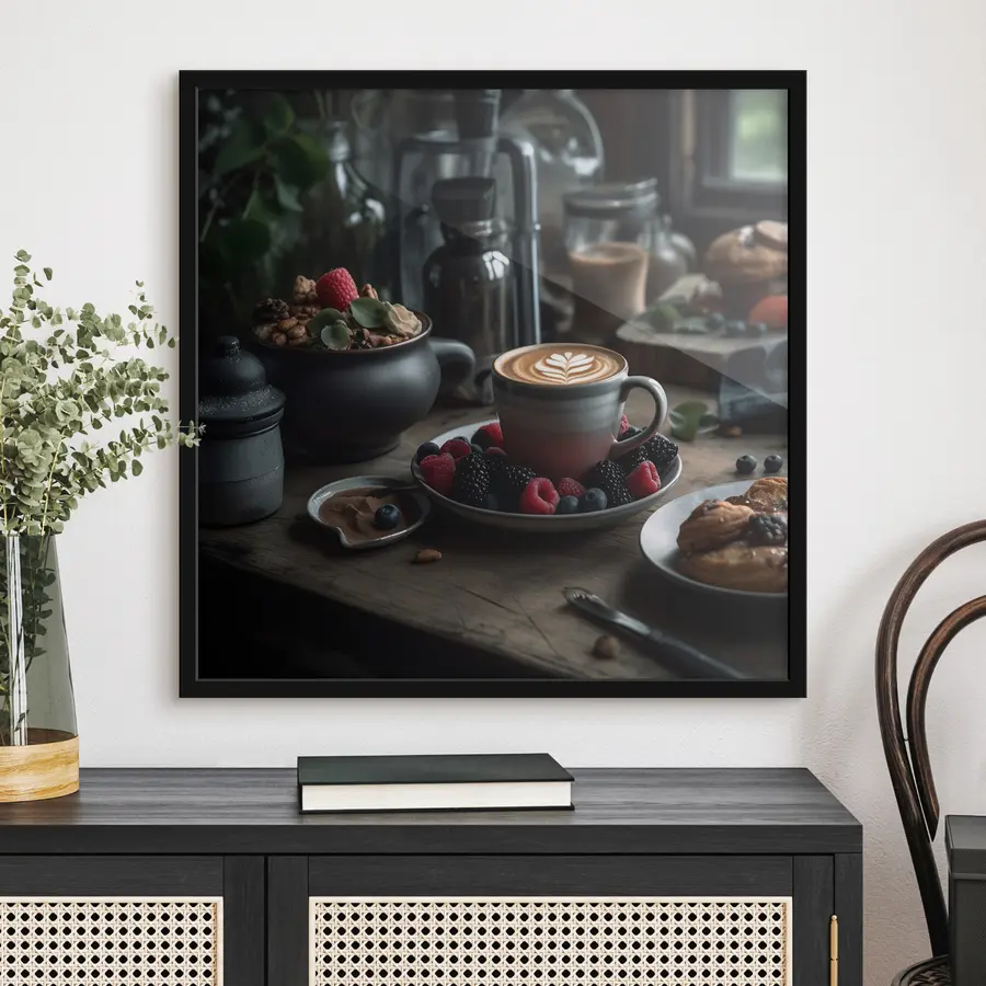 Fototapete Gemütlicher Morgen mit Kaffee und Beeren f32154