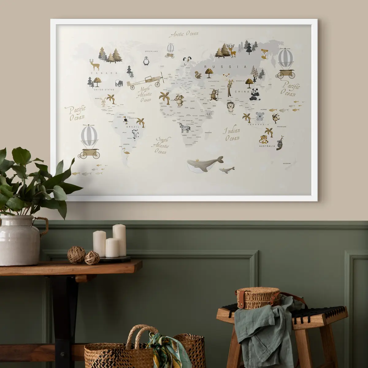 Poster Verspielte Weltkarte mit Tieren f31798