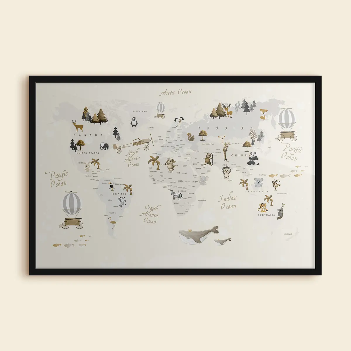 Poster Verspielte Weltkarte mit Tieren f31798