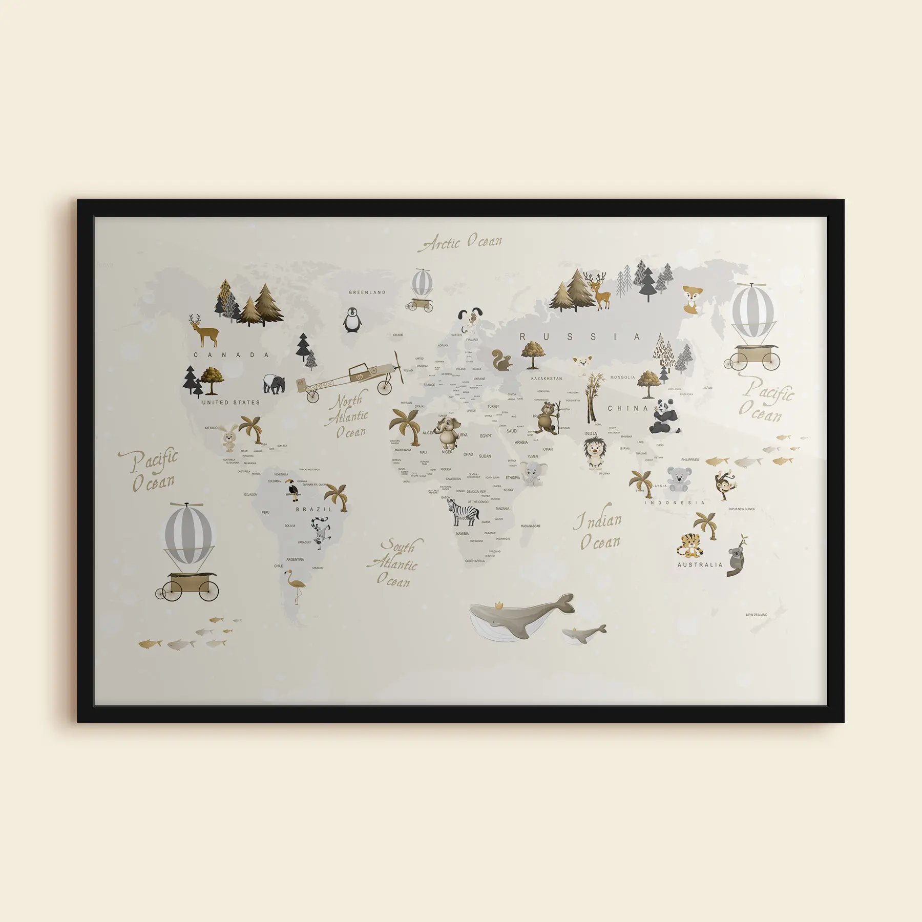 Wandbilder Verspielte Weltkarte mit Tieren f31798