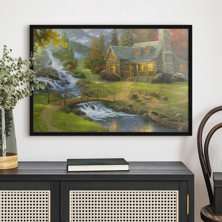 Fototapete Charmantes Ferienhaus an einem ruhigen Fluss f15144