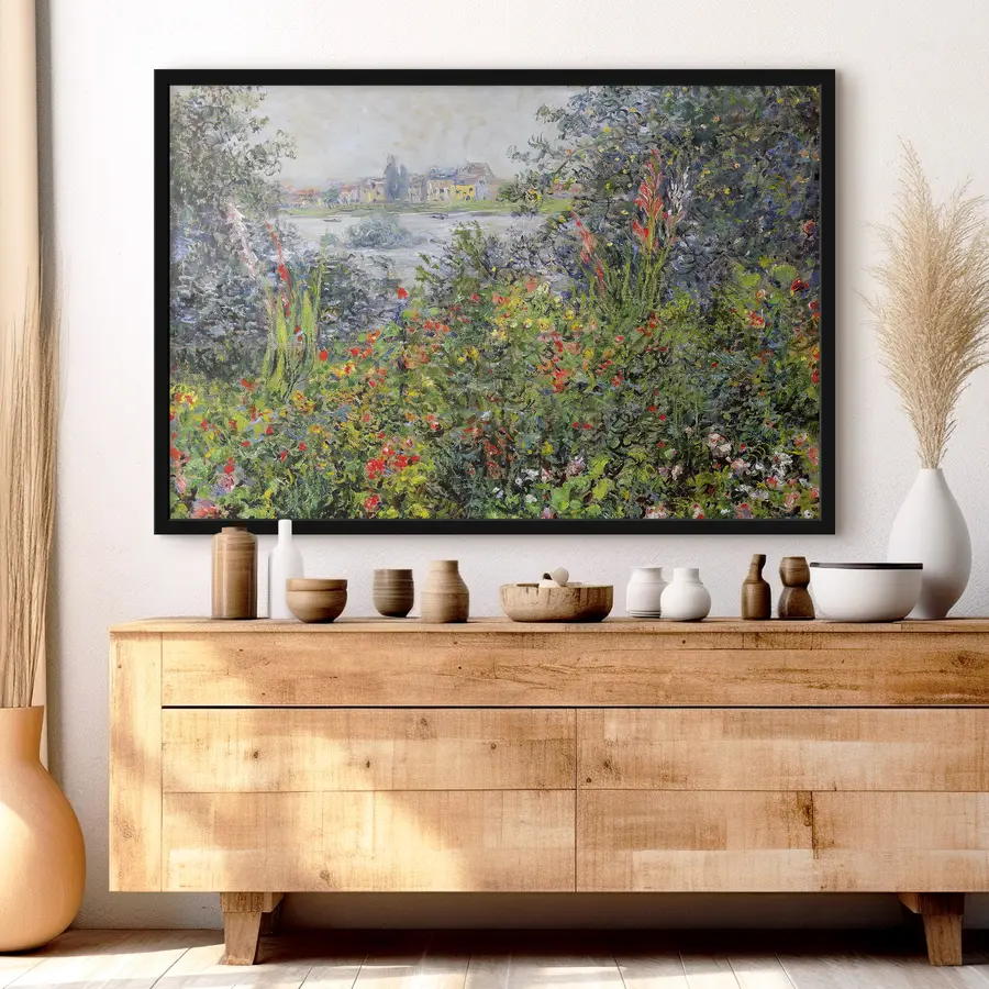 Fototapete Üppiger Garten am ruhigen Fluss f04136