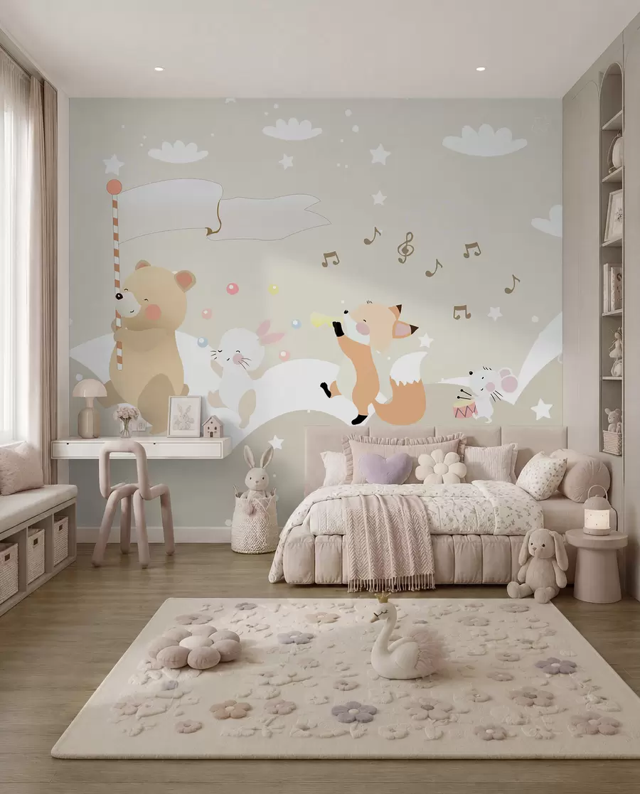 Fototapete Tapetendesign für Kinderzimmer mit niedlichen Tieren in rosa Farben u98969