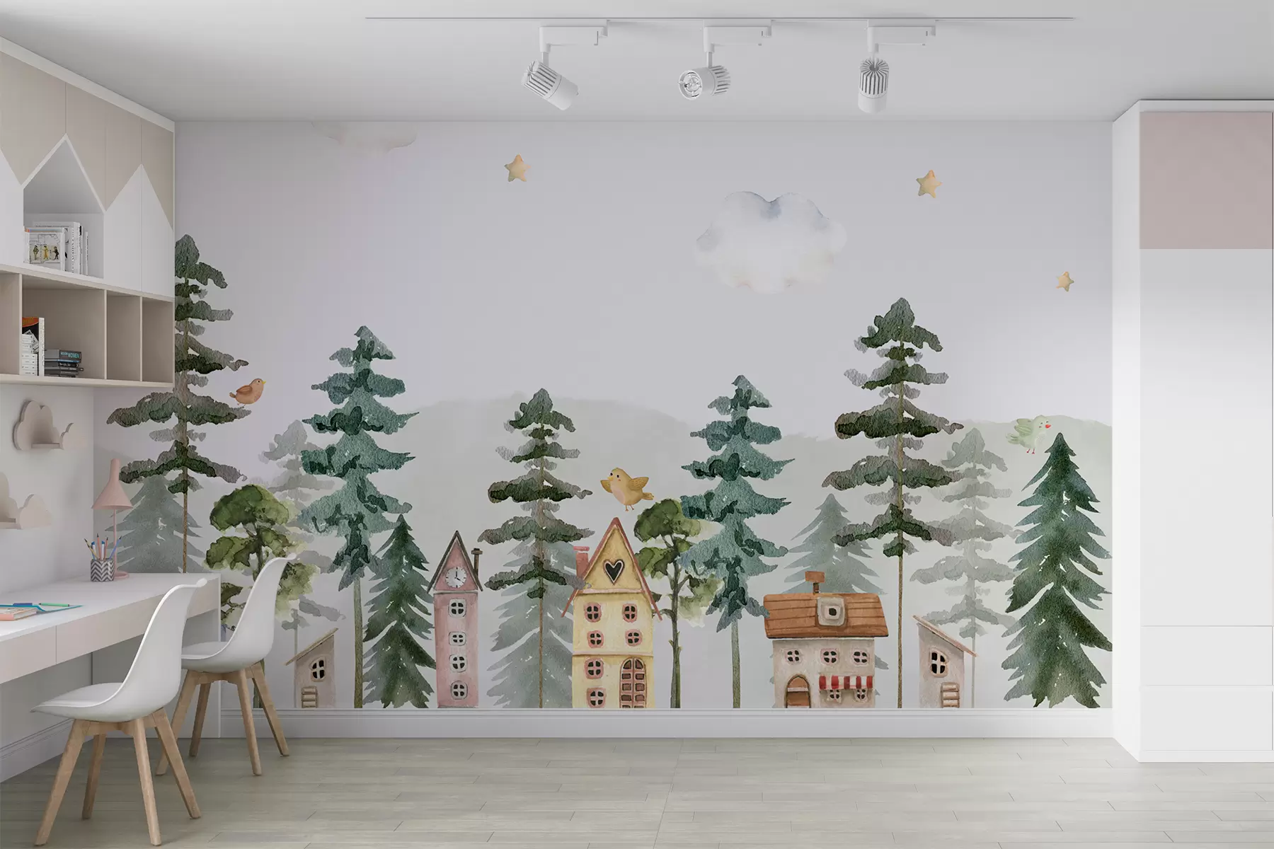 Fototapete Kiefernwald mit Vögeln und niedlichen Häusern, grüne und beige Farben u98989