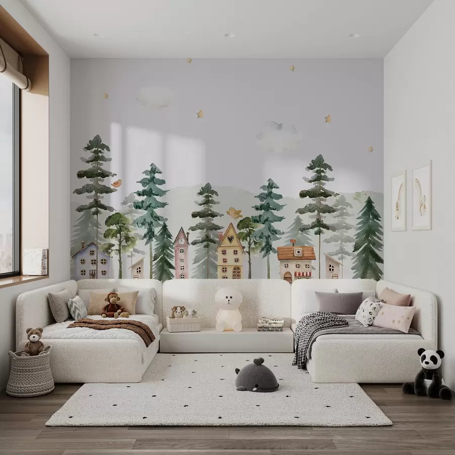 Fototapete Kiefernwald mit Vögeln und niedlichen Häusern, grüne und beige Farben u98989