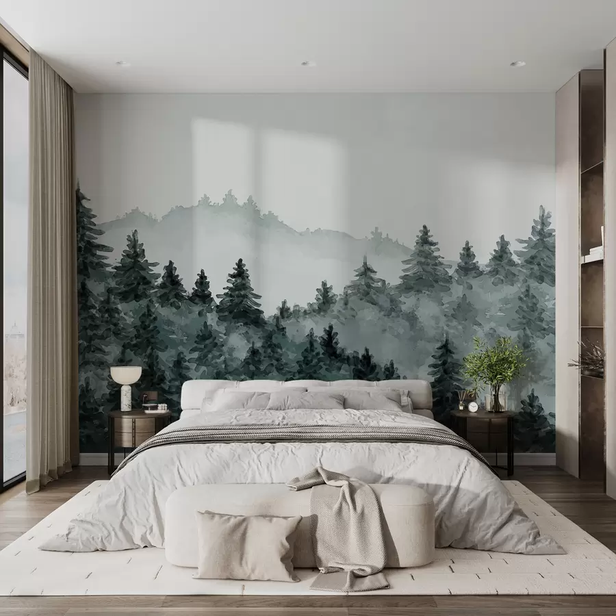 Wandbilder Aquarell Waldlandschaft, Nebel, grüne Farbe, Kiefern u98994