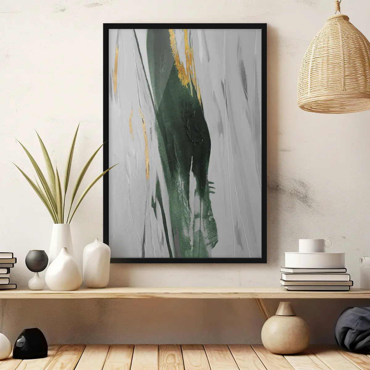 Poster Abstrakte Striche in Grün und Weiß f03993