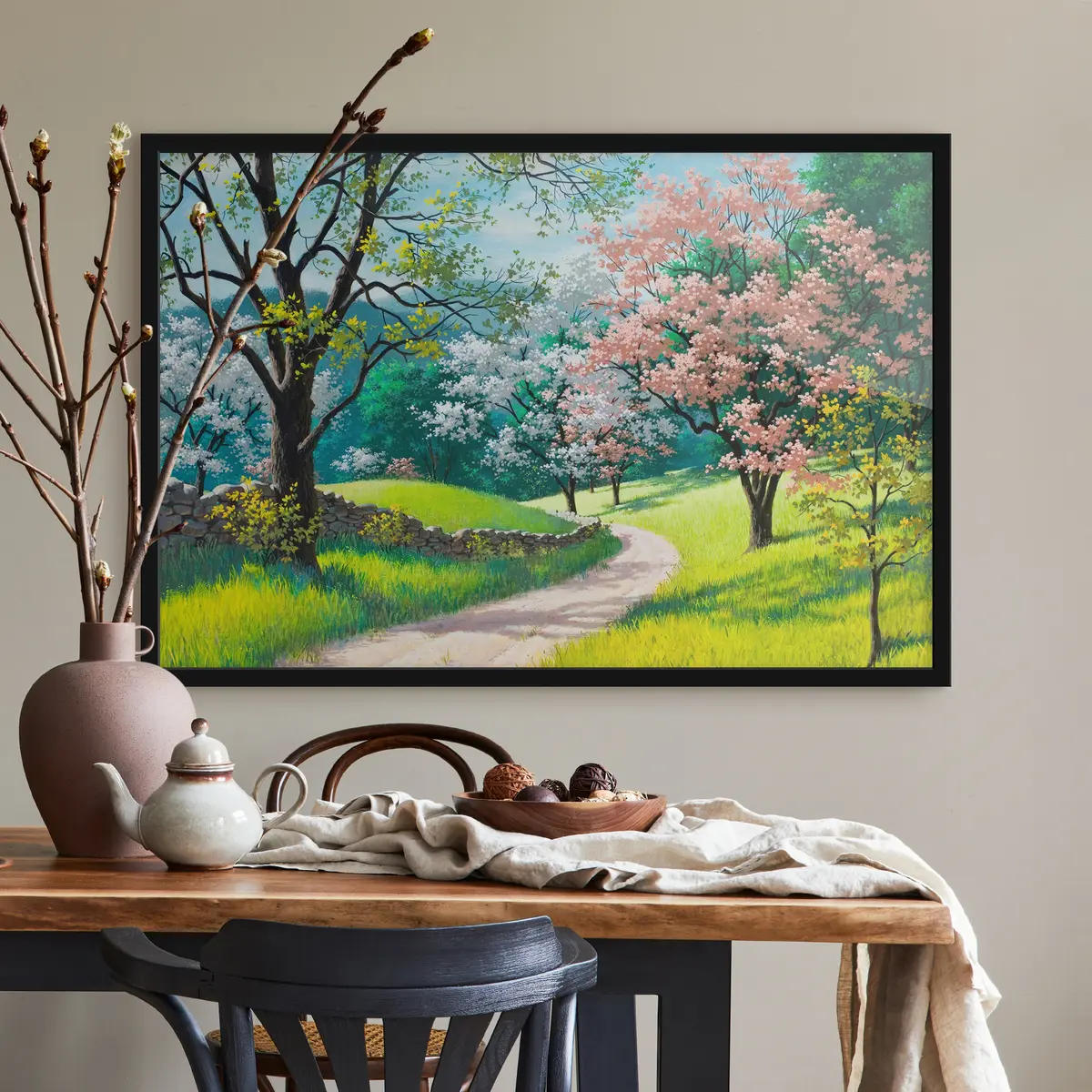 Poster Blühende Bäume entlang eines gewundenen Pfades f15350