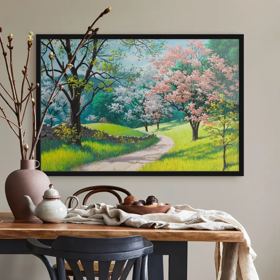 Fototapete Blühende Bäume entlang eines gewundenen Pfades f15350