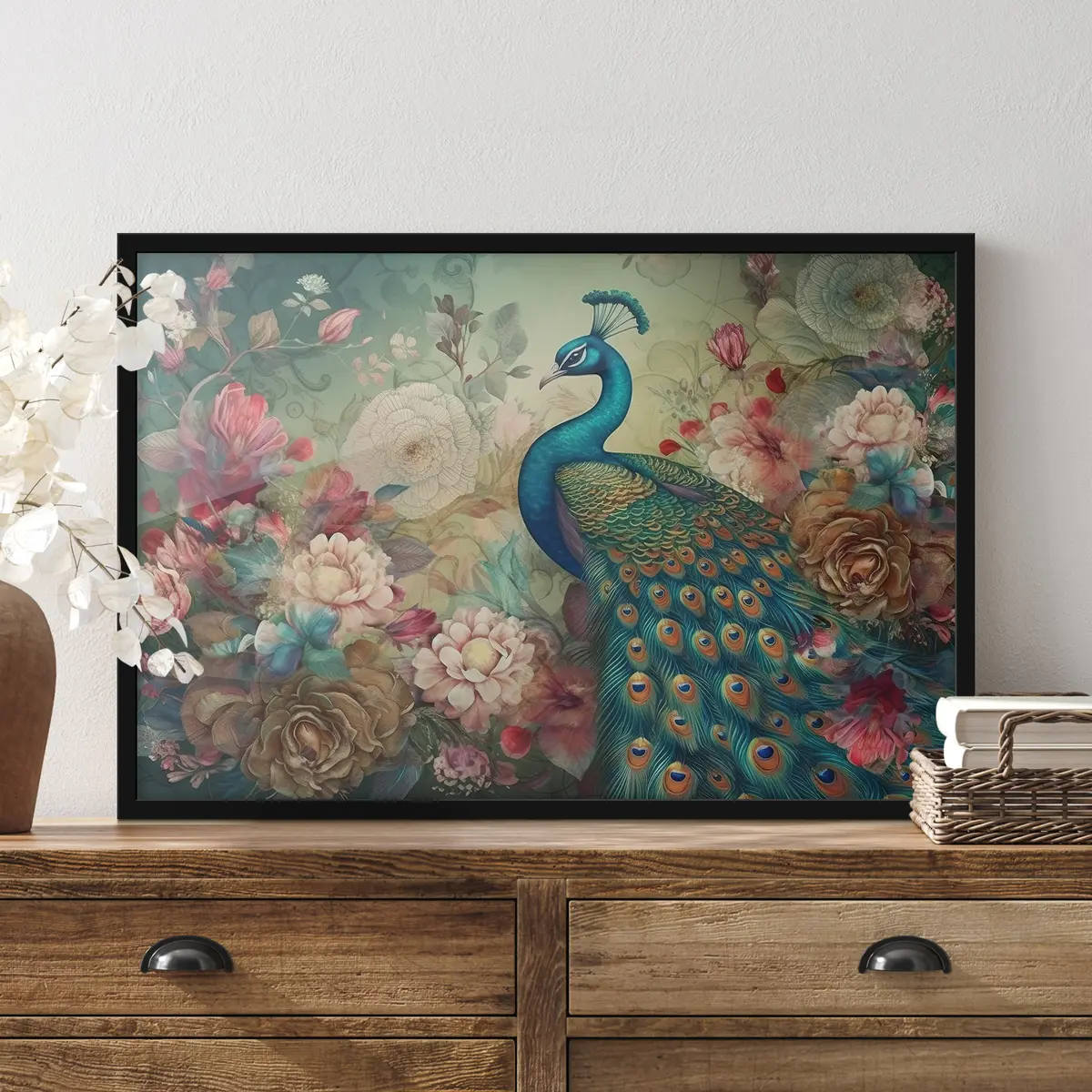 Poster Strahlender Pfau inmitten blühender Blumen f34869