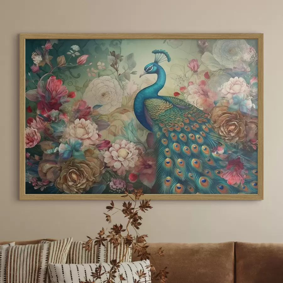 Fototapete Strahlender Pfau inmitten blühender Blumen f34869