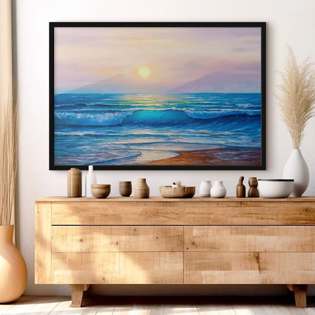 Poster Ruhige Wellen, die die Farben des Sonnenuntergangs reflektieren f35378