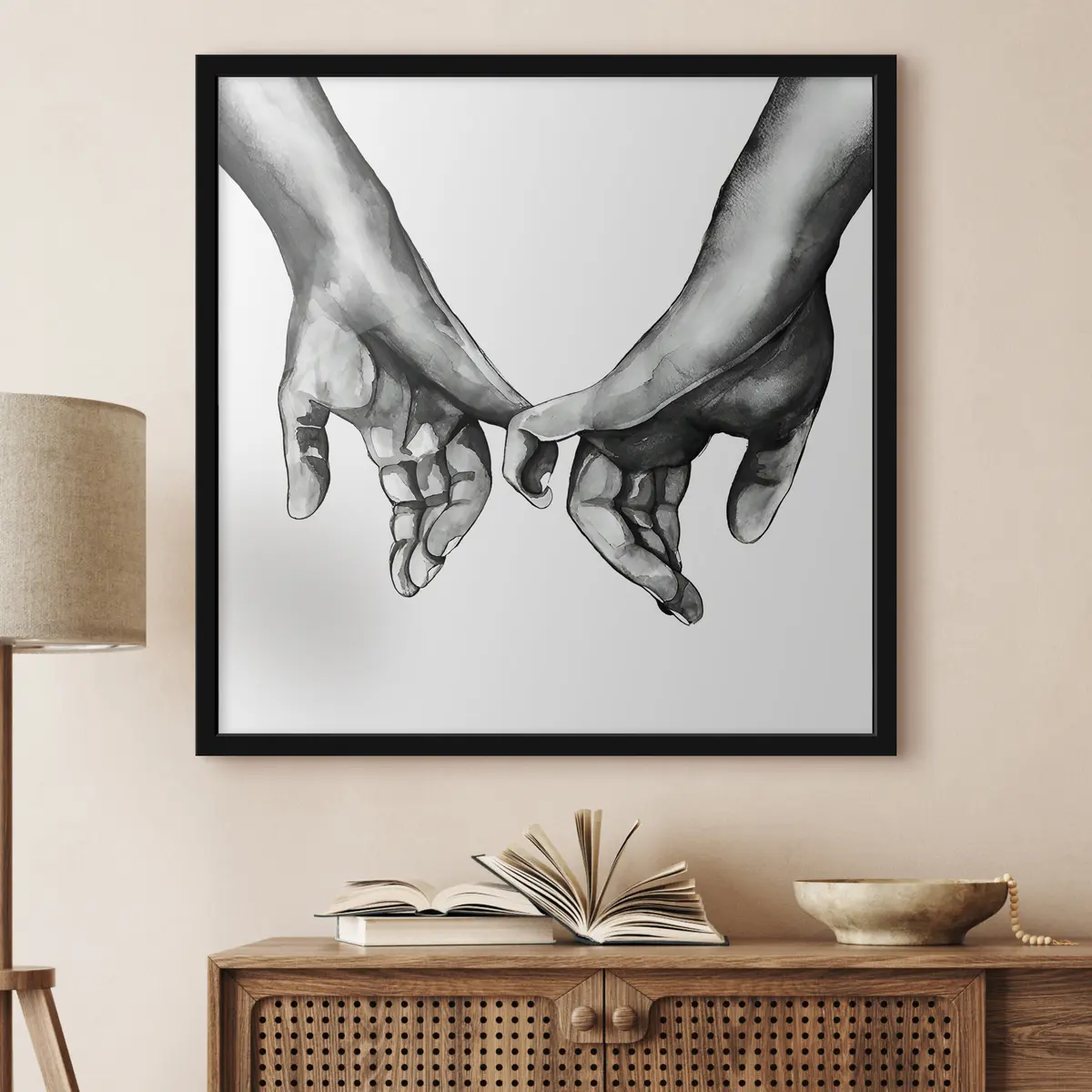 Poster Schwarz und Weiß halten Hände auf einem weißen Hintergrund f36848