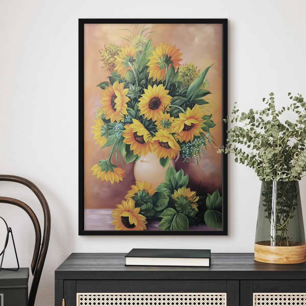 Poster Lebendige Sonnenblumen in einer Vase f00860