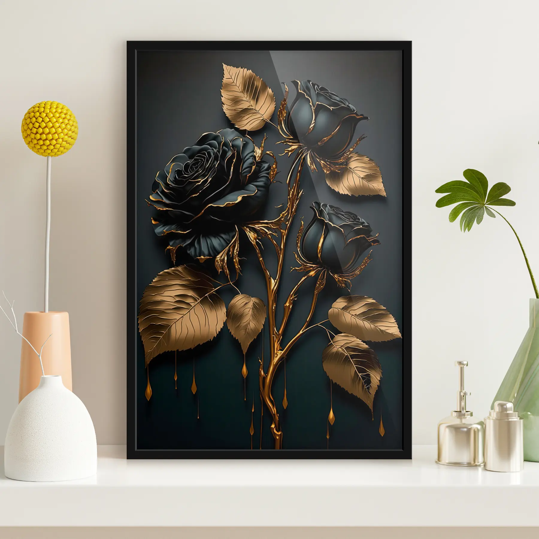 Fototapete Schwarze Rose mit Blättern f33700