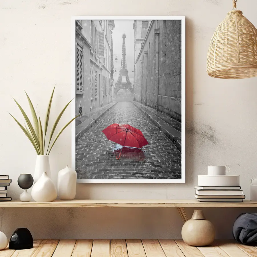 Fototapete Roter Regenschirm auf nasser Kopfsteinpflasterstraße f33713