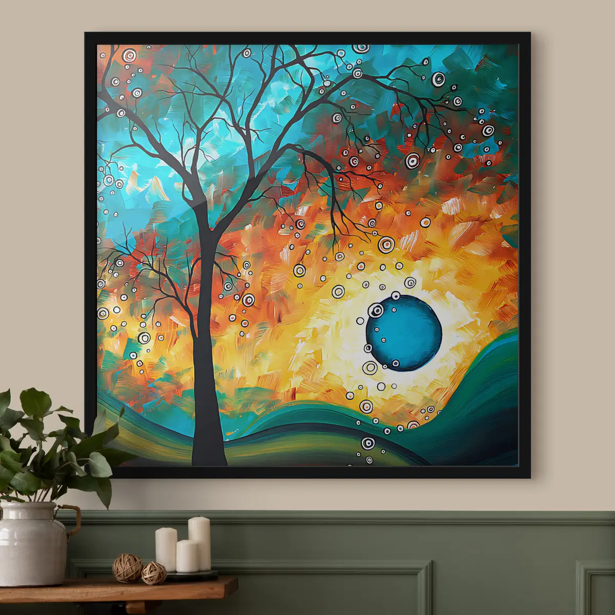 Poster Lebendiger Sonnenuntergang hinter kahlen Ästen f34434