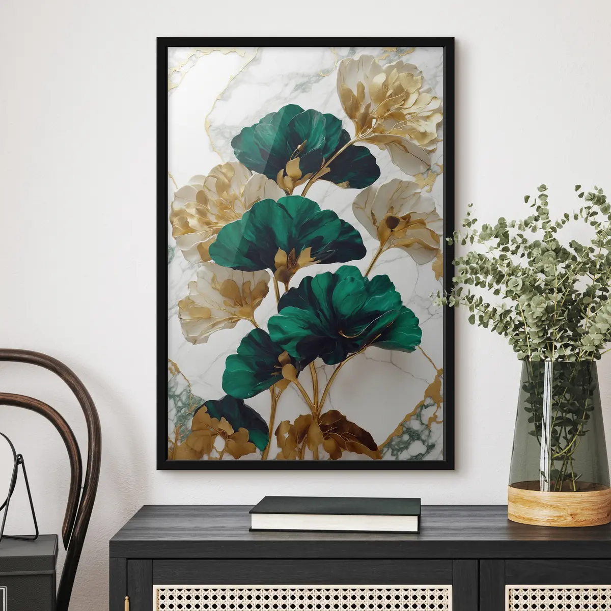 Poster Elegantes Laubwerk vor einem Marmorhintergrund f36646