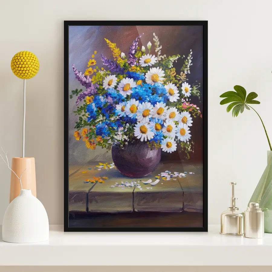 Fototapete Leuchtende Blüten in einer rustikalen Vase f29912