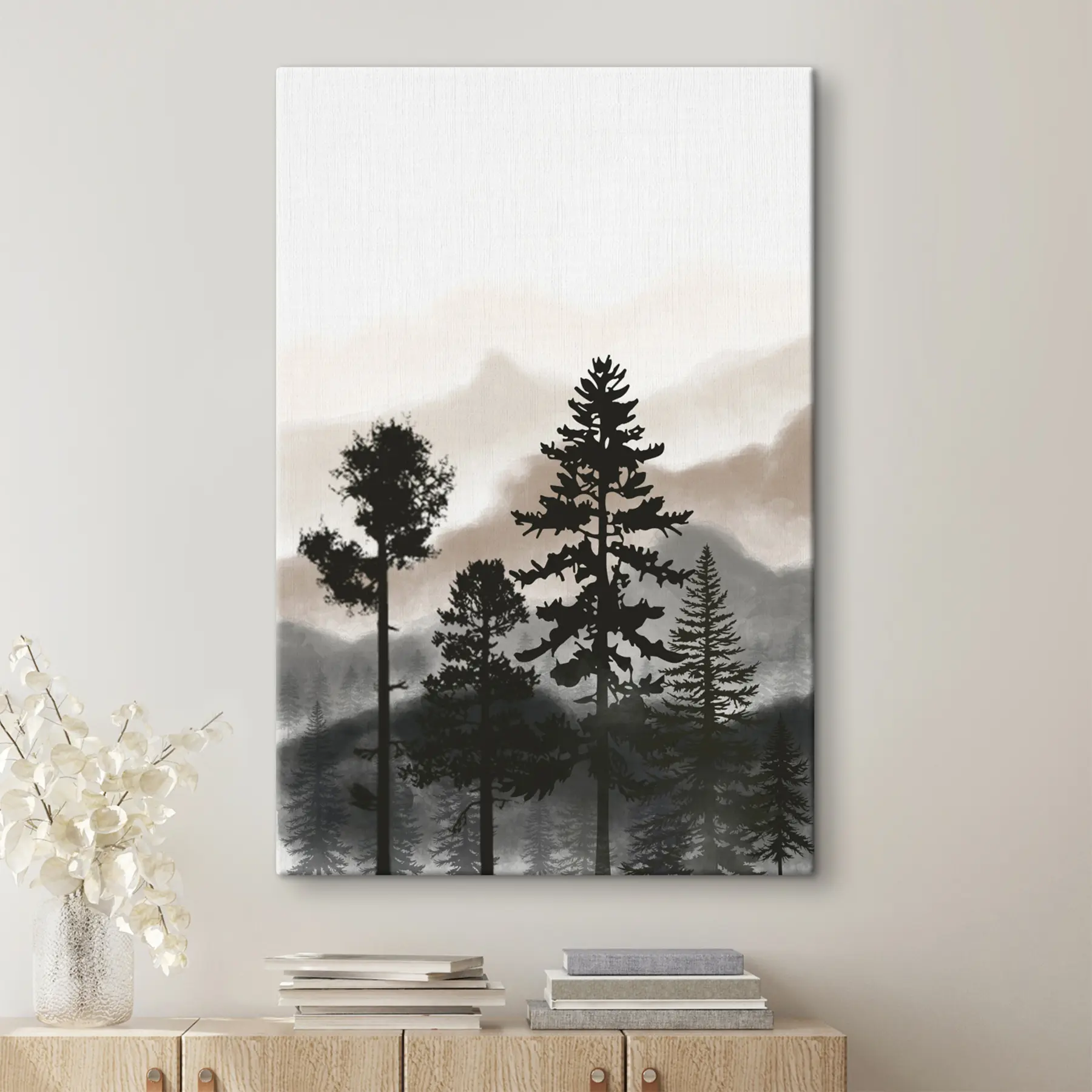 Wandbilder Silhouetten von Bäumen in nebliger Landschaft s36605v1