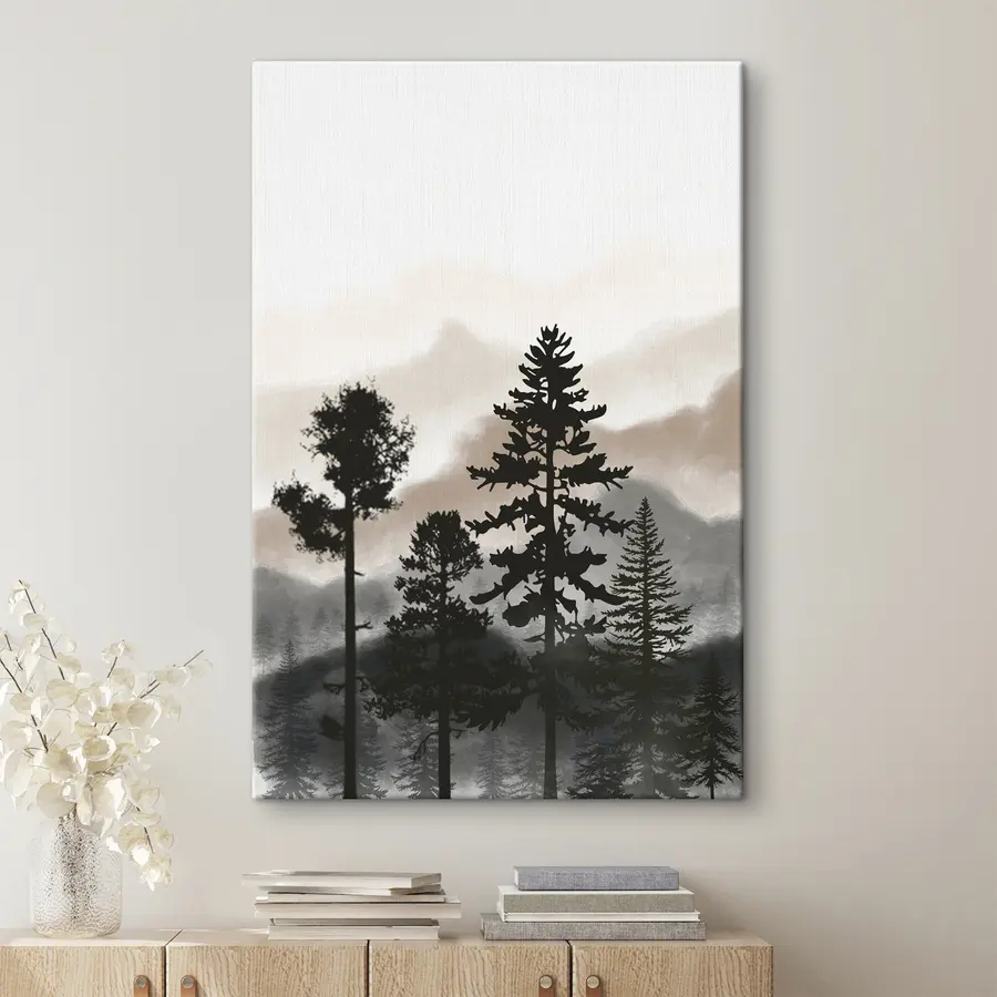 Wandbilder Silhouetten von Bäumen in nebliger Landschaft s36605v1