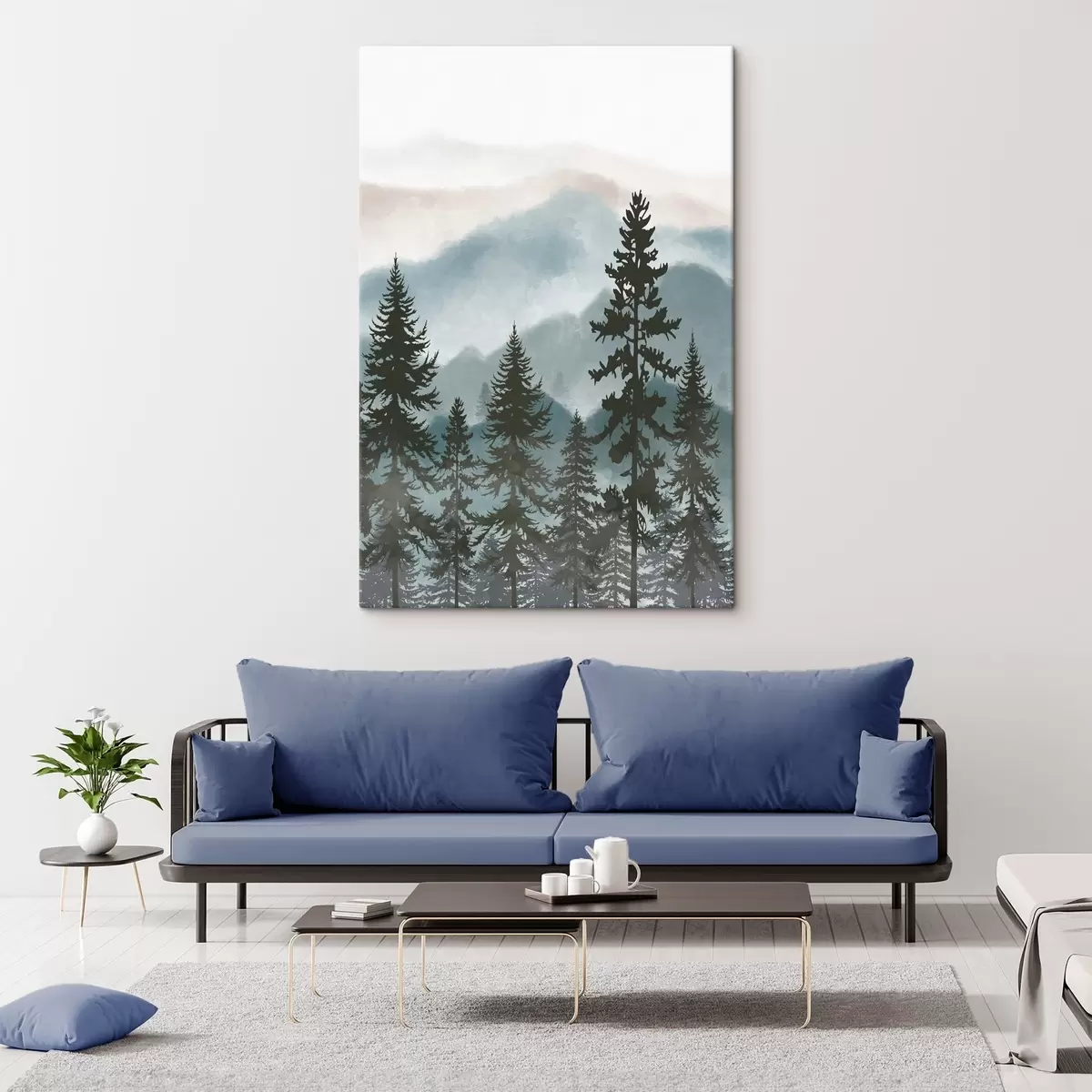 Wandbilder Nebelverhangene Berge und Silhouetten von Kiefern s37017