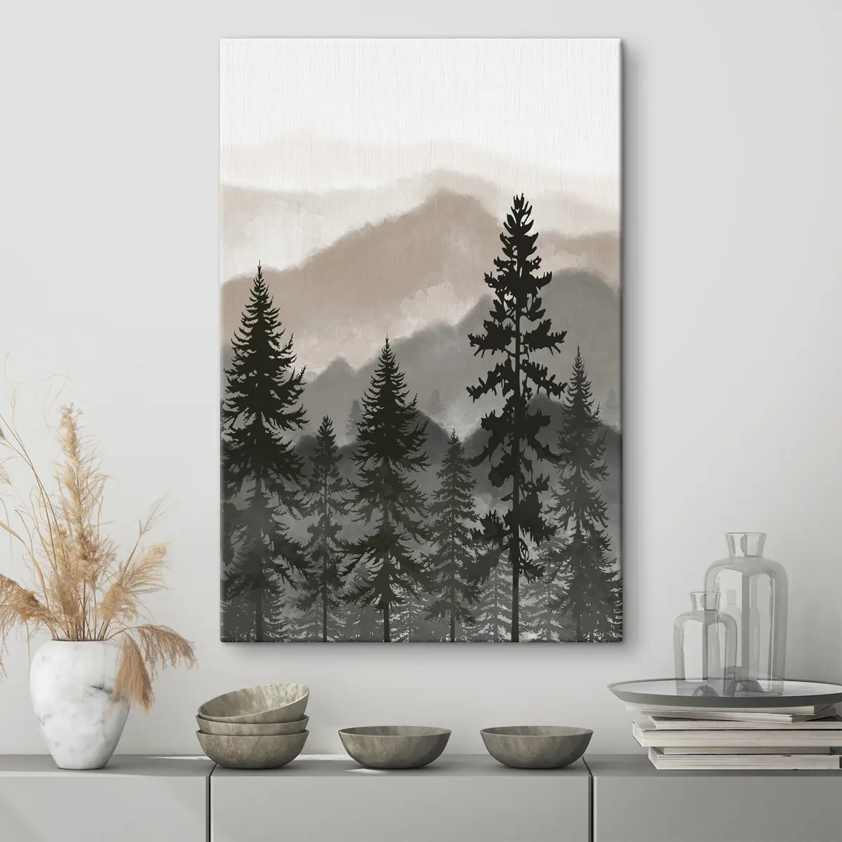 Wandbilder Nebelverhangene Berge und schattenspendende immergrüne Bäume s37017v1