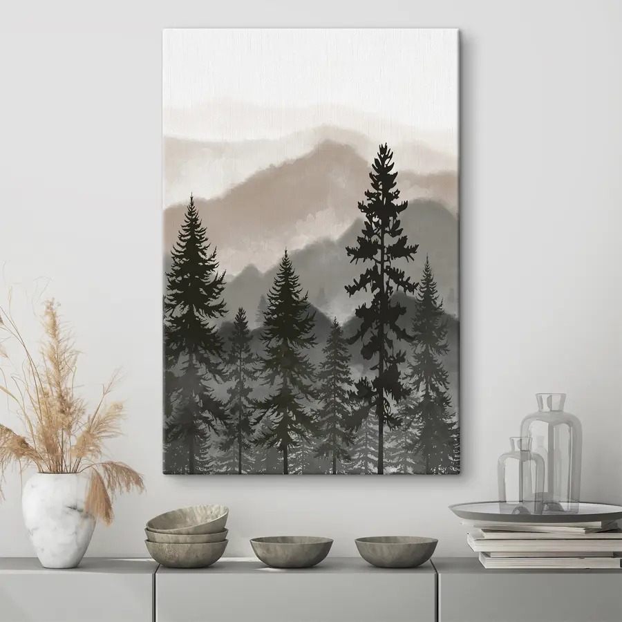 Wandbilder Nebelverhangene Berge und schattenspendende immergrüne Bäume s37017v1