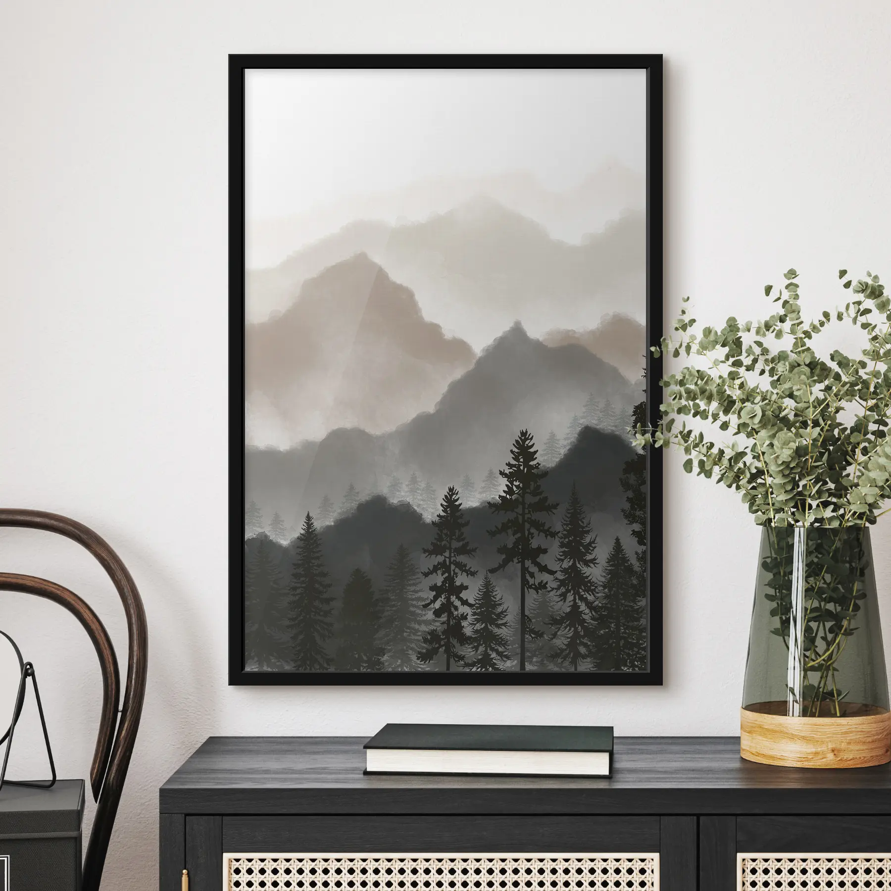 Fototapete Ruhige Berglandschaft mit hoch aufragenden Bäumen f36607v1