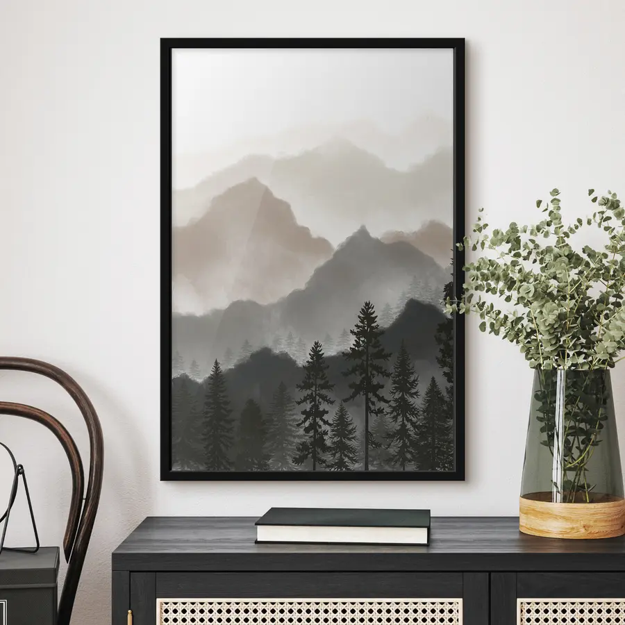 Fototapete Ruhige Berglandschaft mit hoch aufragenden Bäumen f36607v1