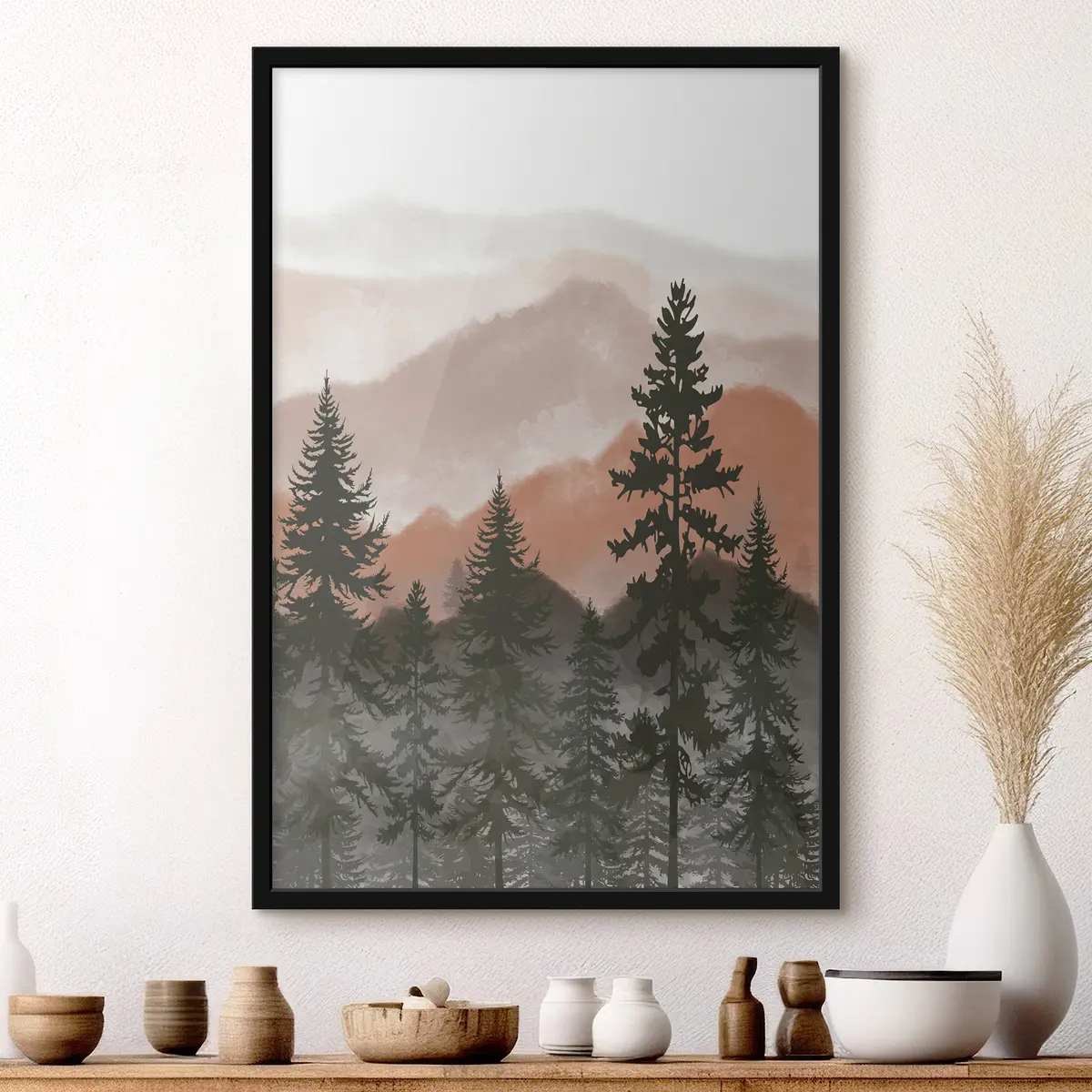 Poster Ruhige Berge mit hoch aufragenden Kiefern f37017v2