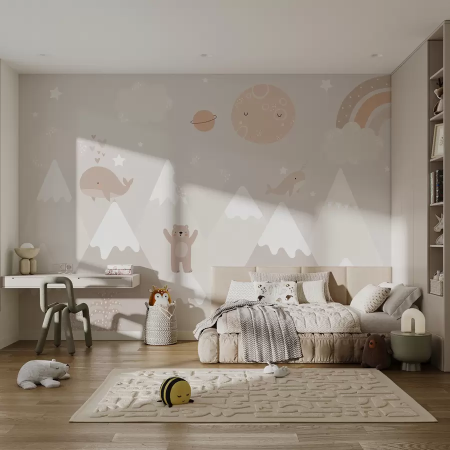 Fototapete Berge mit niedlichen Tieren, Wolken und Planeten, beige Farben u99206