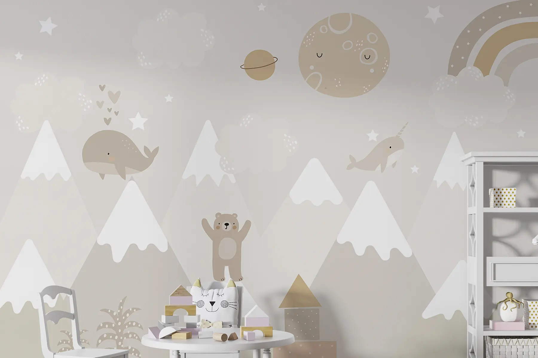 Fototapete Berge mit niedlichen Tieren, Wolken und Planeten, beige Farben u99206