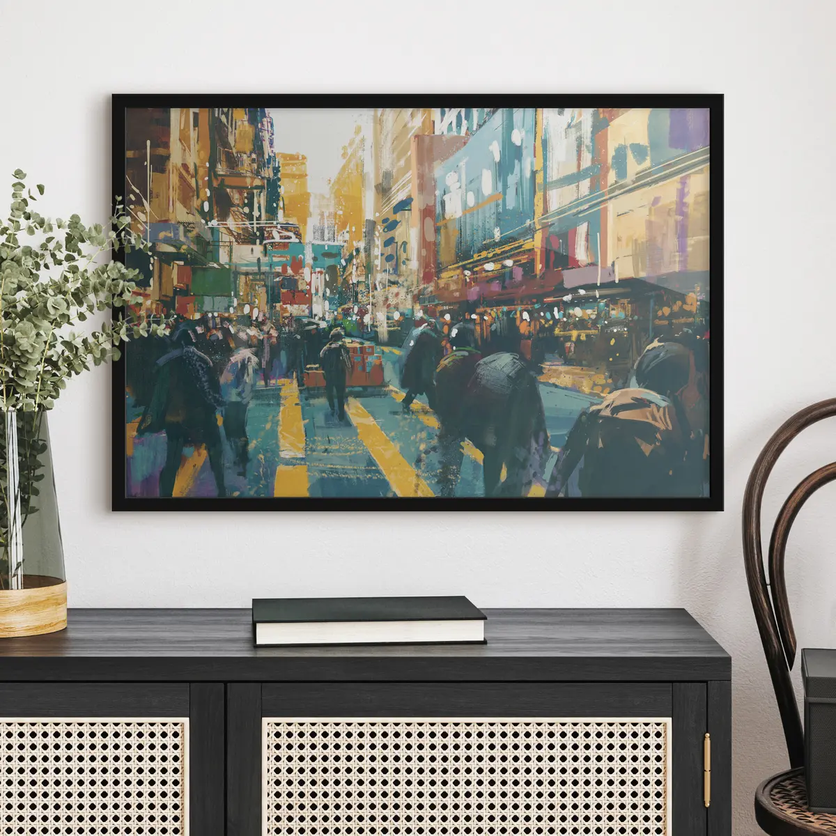 Poster Belebte Straße in der Stadt mit vielen Menschen f37108