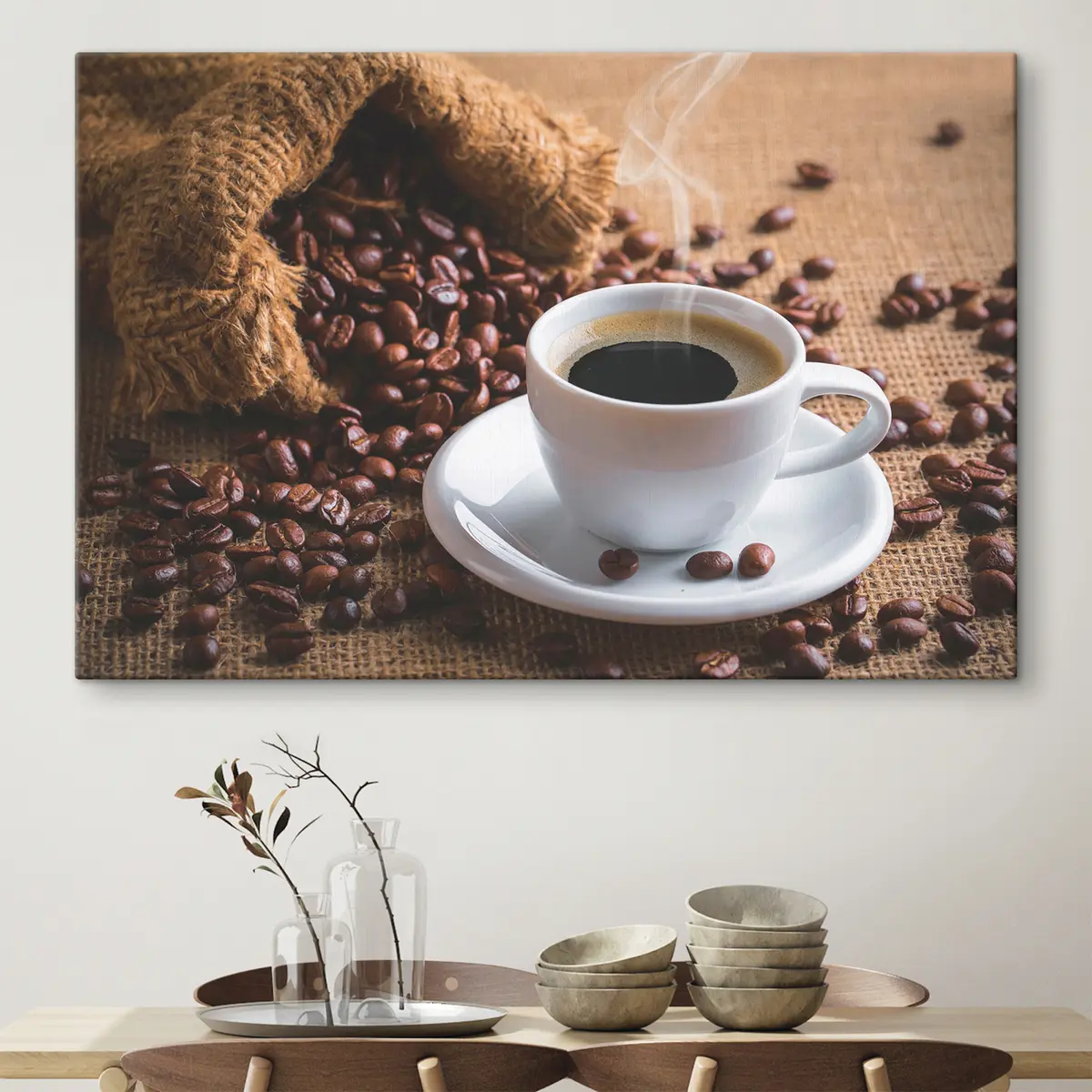 Wandbilder Frisch gebrühter Kaffee und Bohnen s37172