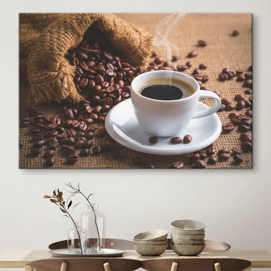 Wandbilder Frisch gebrühter Kaffee und Bohnen s37172