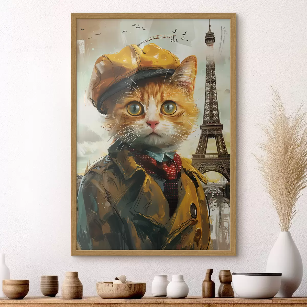 Poster Modische Katze in Pariser Kleidung f37456