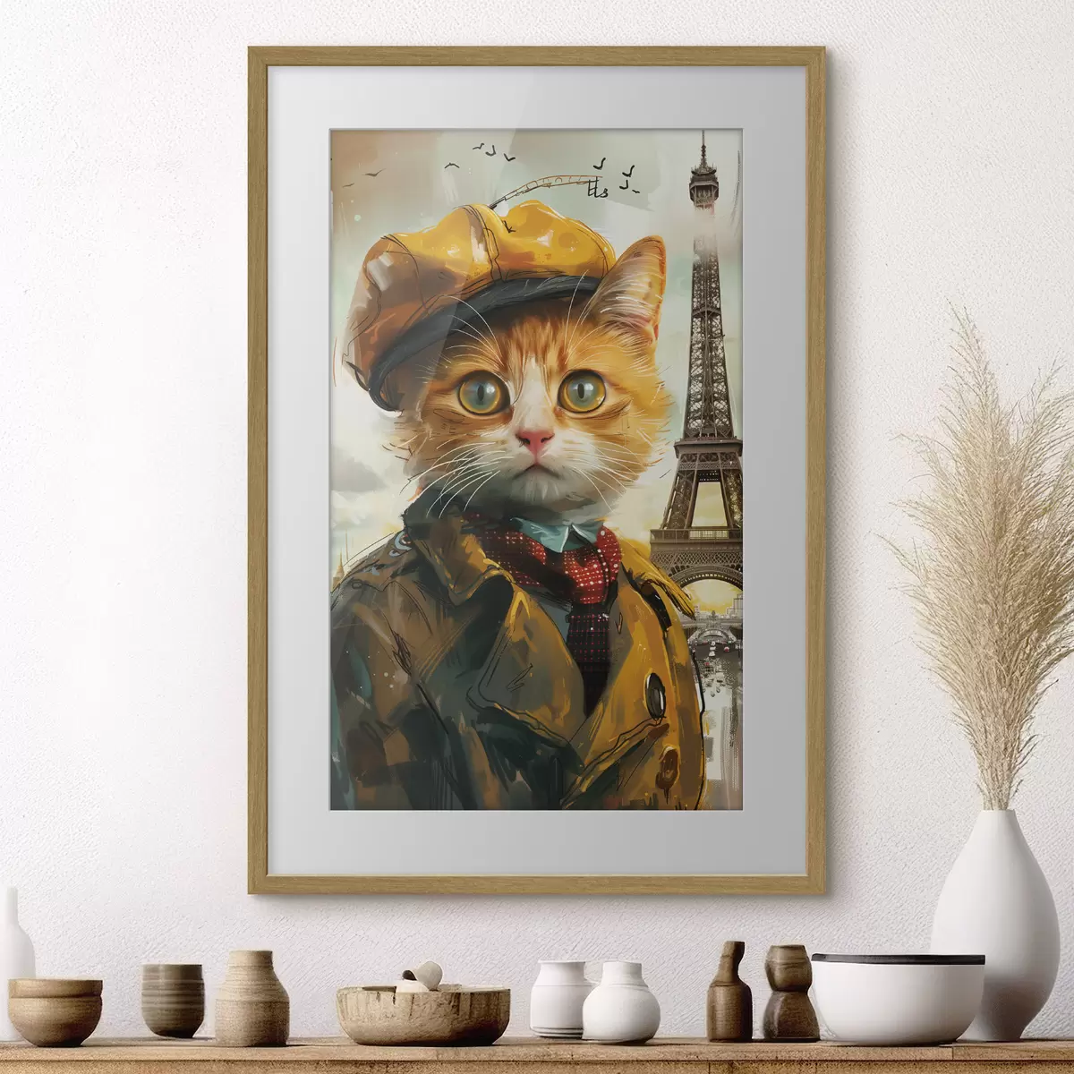 Poster Modische Katze in Pariser Kleidung f37456