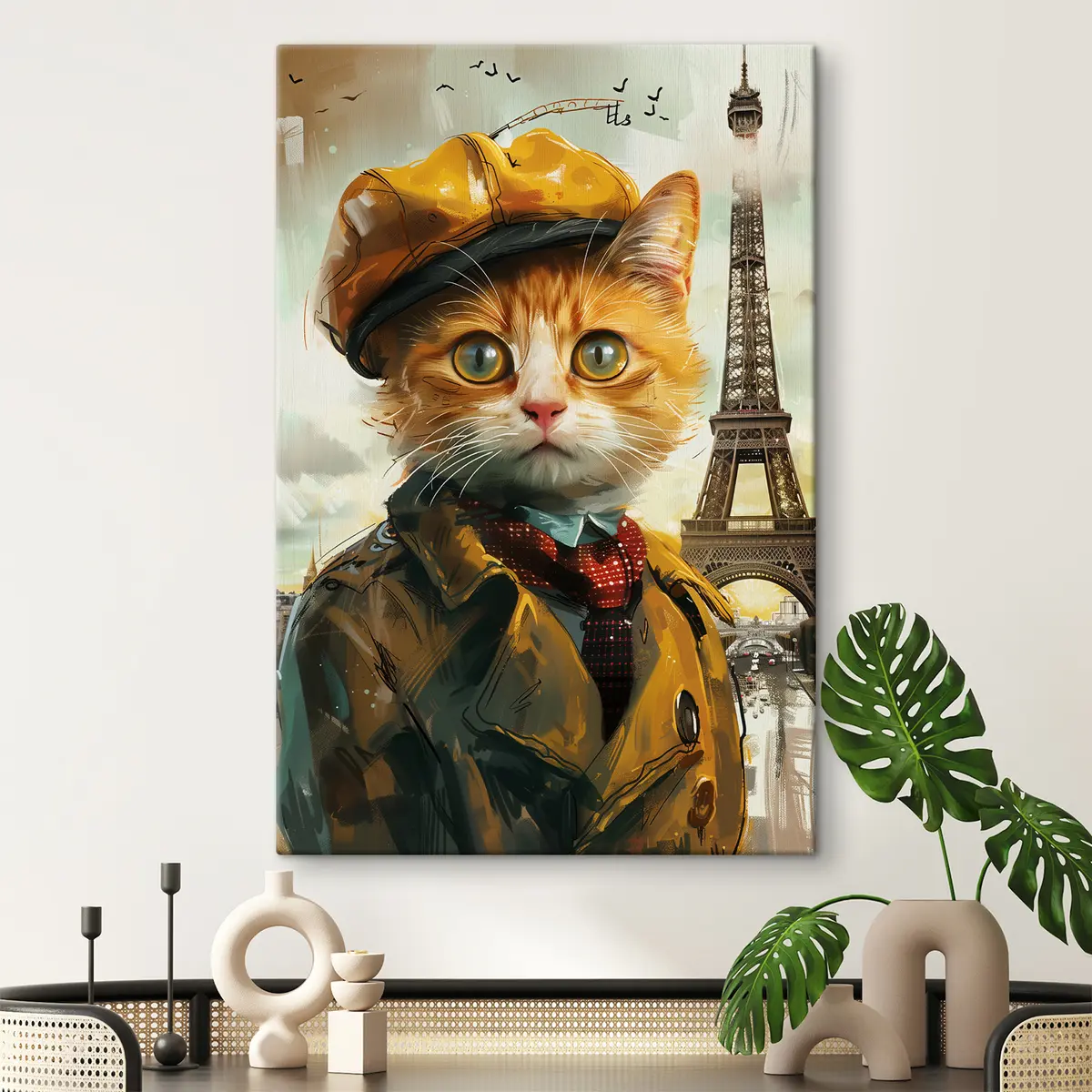 Wandbilder Charmante Katze in Pariser Kleidung s37456