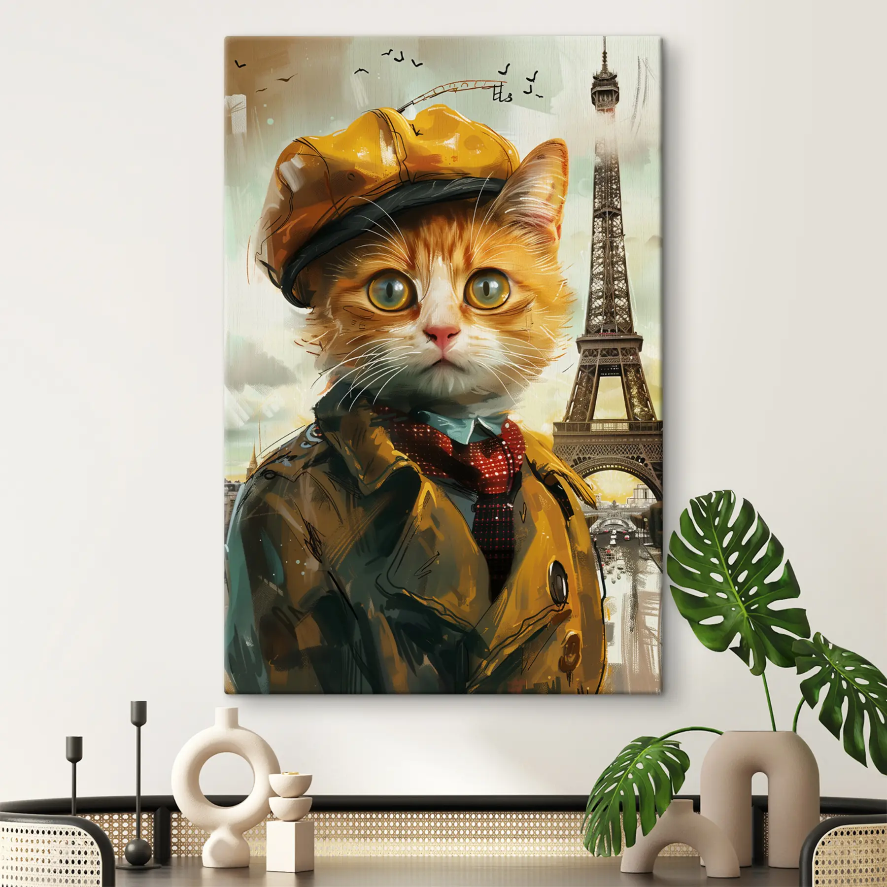 Wandbilder Charmante Katze in Pariser Kleidung s37456